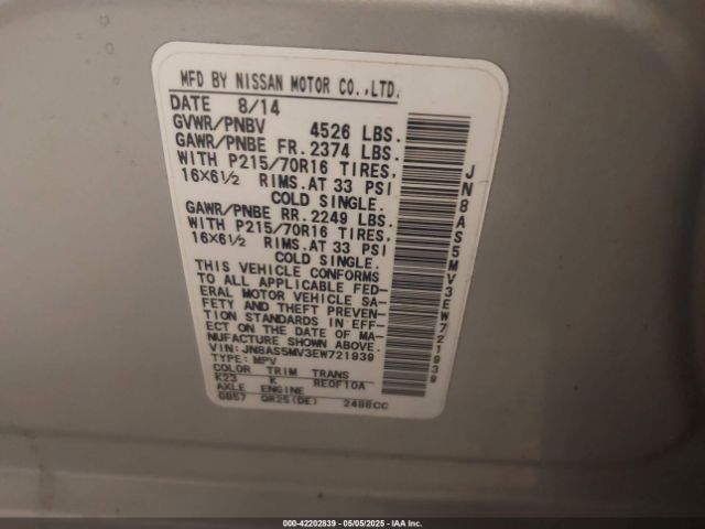 JN8AS5MV3EW721939 Nissan Rogue Select S
