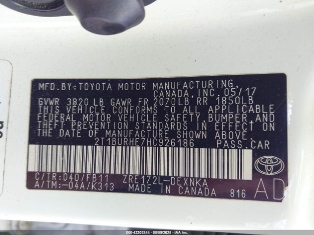 2T1BURHE7HC926186 Toyota COROLLA LE