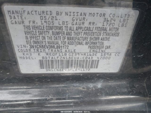 3N1CN8EV3ML891172 Nissan Versa Sv Xtronic Cvt