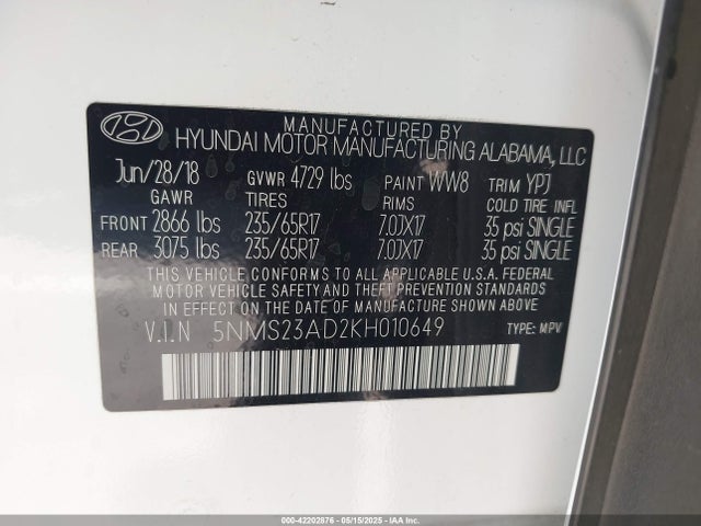 5NMS23AD2KH010649 Hyundai Santa Fe Se