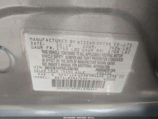 3N1CN7AP0KL830165 Nissan Versa 1.6 Sv