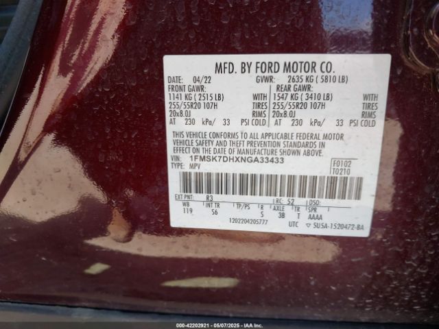 2022 FORD EXPLORER 1FMSK7DHXNGA33433 Photo 8