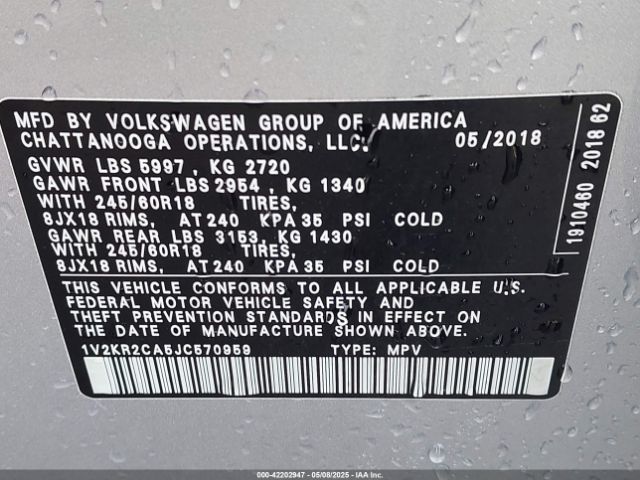 2018 VOLKSWAGEN ATLAS 1V2KR2CA5JC570959 Photo 8