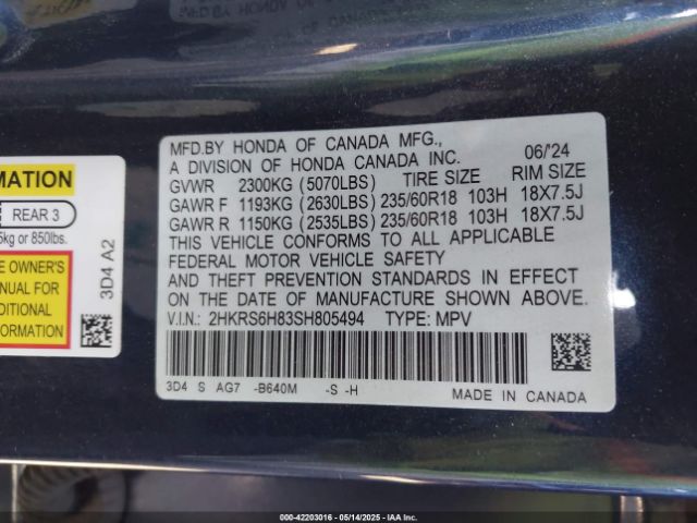 2HKRS6H83SH805494 Honda Cr-v Hybrid Sport-l