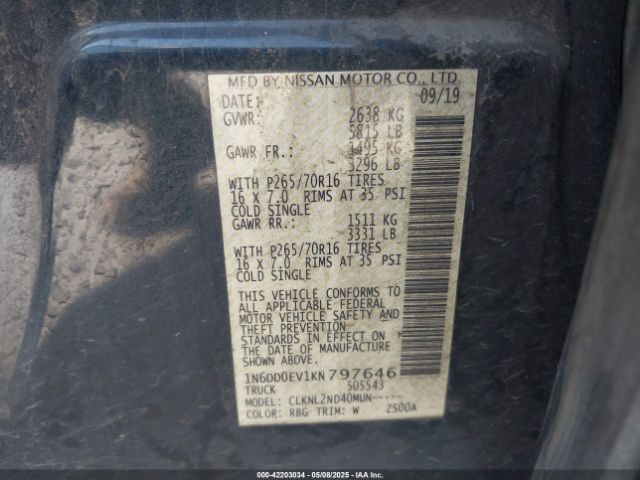 1N6DD0EV1KN797646 Nissan Frontier Sv