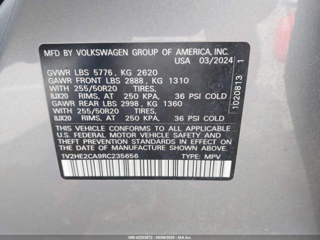 1V2HE2CA9RC235656 Volkswagen Atlas Cross Sport 2.0t Se W/technology
