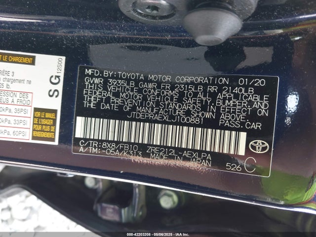 JTDEPRAEXLJ100881 Toyota COROLLA LE
