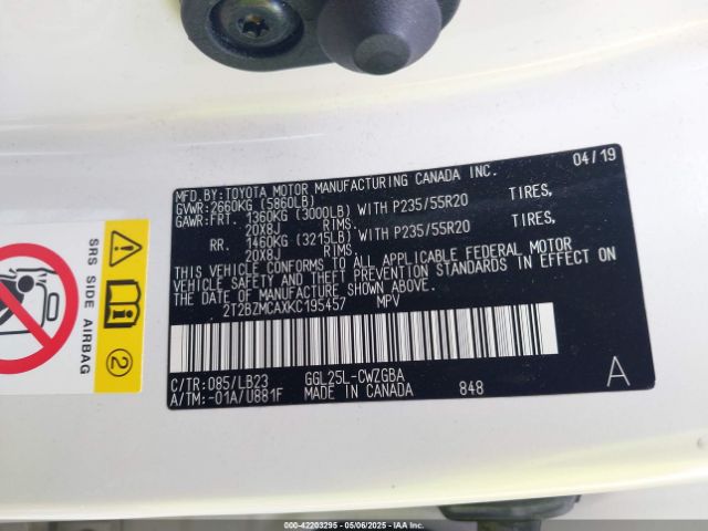 2T2BZMCAXKC195457 Lexus RX 350