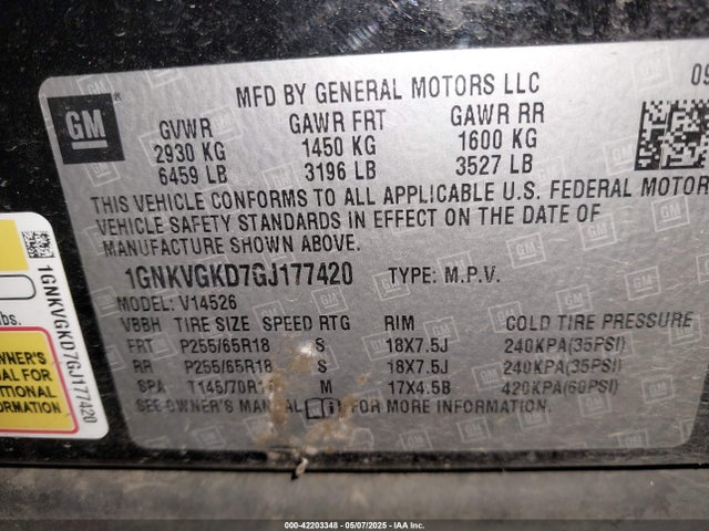 1GNKVGKD7GJ177420 Chevrolet llt - sidi, alum, 60 degrees
