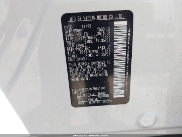 JN8AY2BBXR9851601 Nissan Armada Sl 4wd