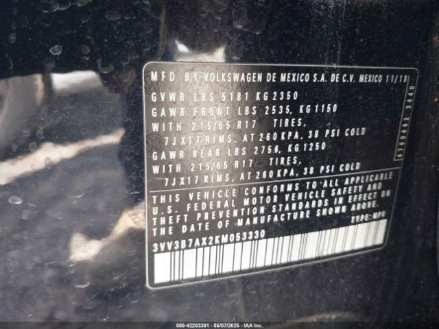 3VV3B7AX2KM053330 Volkswagen Tiguan 2.0t Se/2.0t Sel/2.0t Sel R-line/2.0t Sel R-line Black