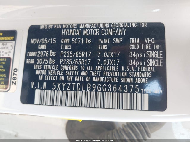 5XYZTDLB9GG364375 Hyundai Santa Fe Sport 2.4l