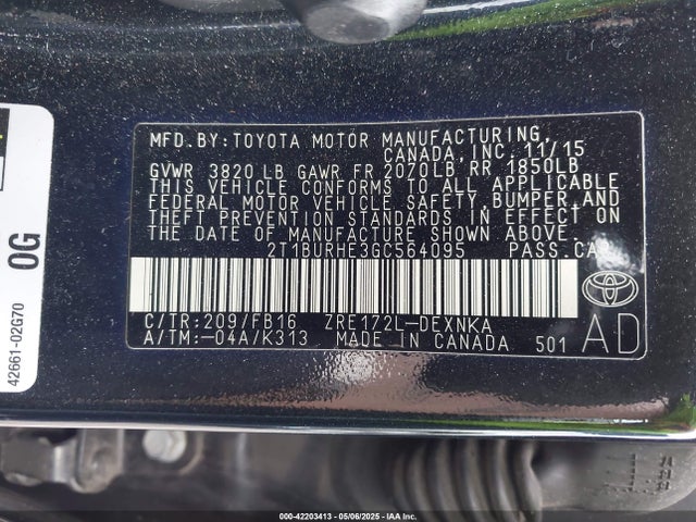 2T1BURHE3GC564095 Toyota Corolla Le Plus