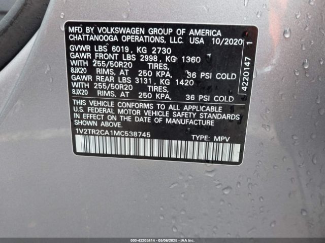 1V2TR2CA1MC538745 Volkswagen Atlas 3.6l V6 Sel Premium