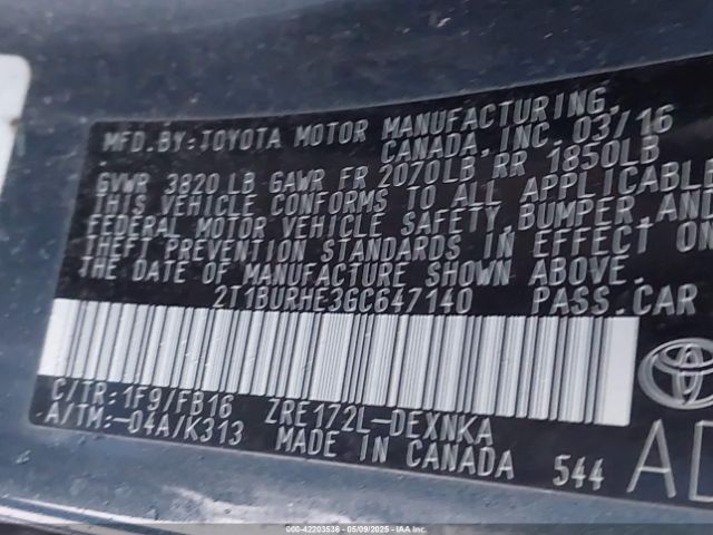 2T1BURHE3GC647140 Toyota COROLLA LE