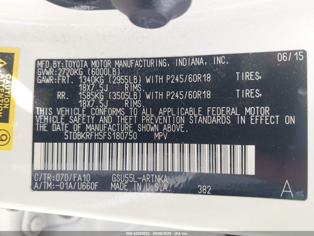 5TDBKRFH5FS180750 Toyota Highlander Le Plus V6