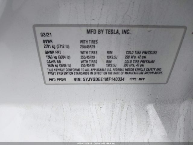 5YJYGDEE1MF140334 Tesla Model Y Long Range Dual Motor All-wheel Drive