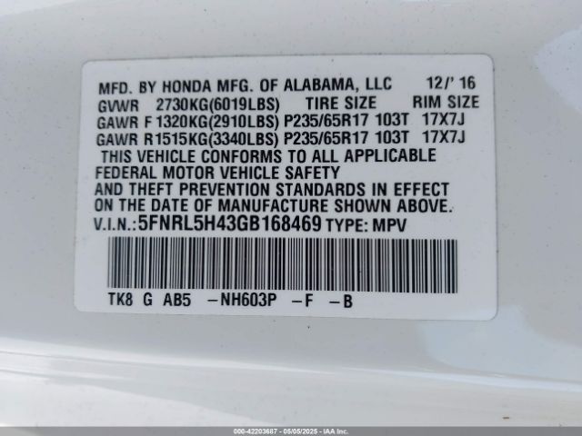 5FNRL5H43GB168469 Honda ODYSSEY EX