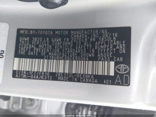 2T1BURHE0GC695064 Toyota COROLLA LE