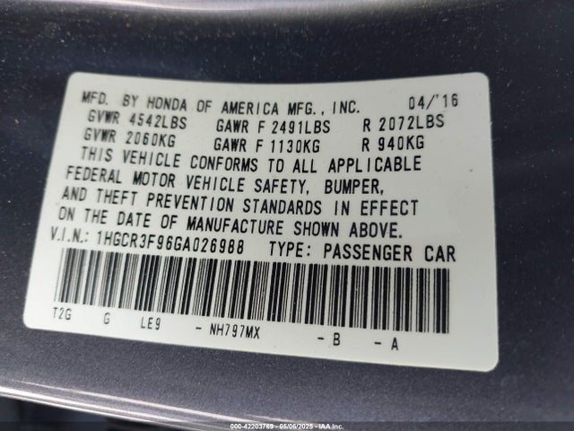 1HGCR3F96GA026988 Honda Accord Touring