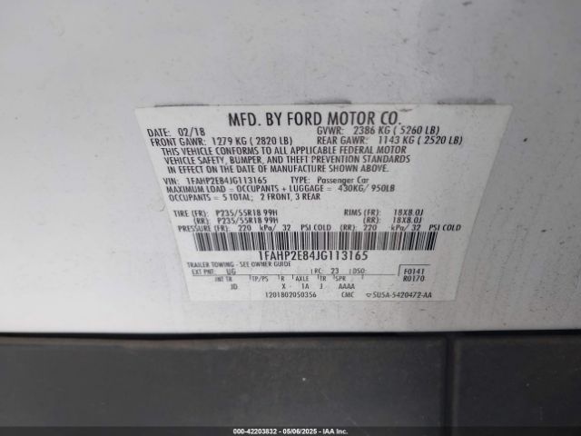 1FAHP2E84JG113165 Ford TAURUS SEL