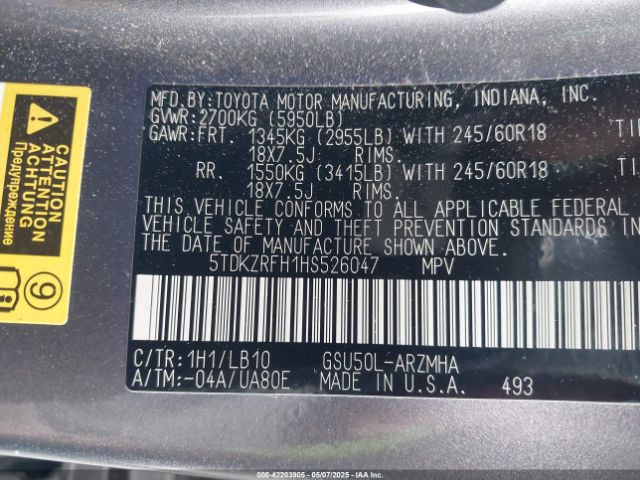 5TDKZRFH1HS526047 Toyota Highlander Xle