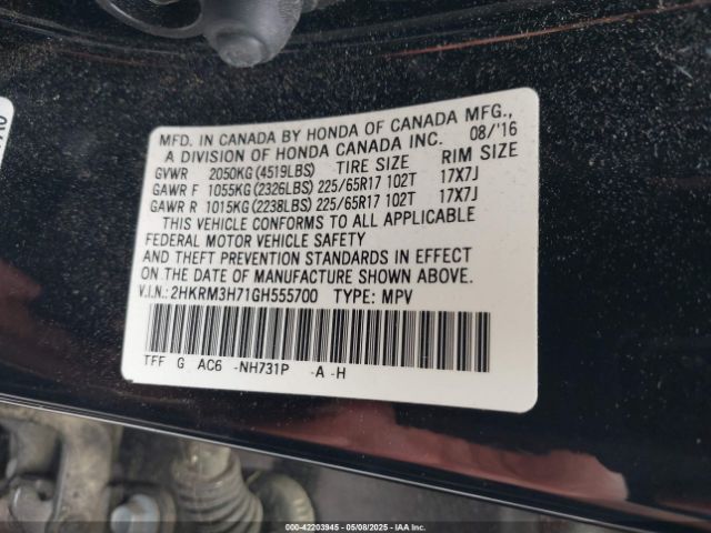 2HKRM3H71GH555700 Honda Cr-v Ex-l