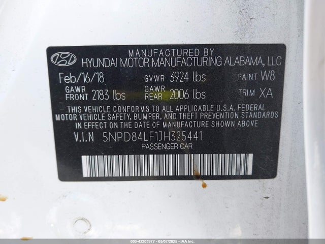 5NPD84LF1JH325441 Hyundai mpi nu