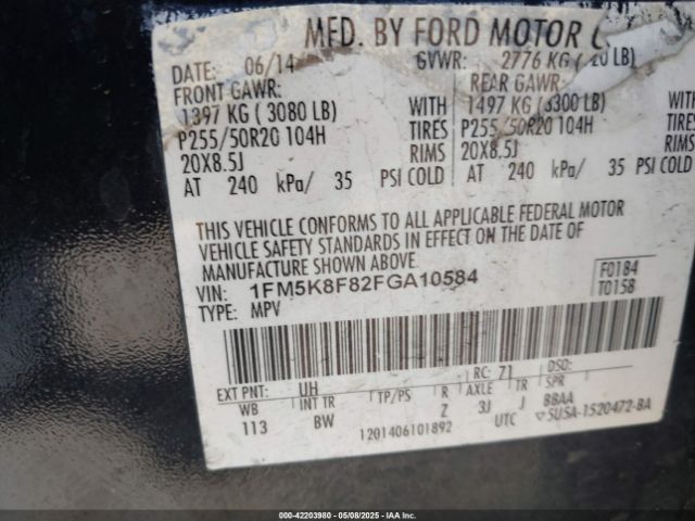 1FM5K8F82FGA10584 Ford Explorer Limited