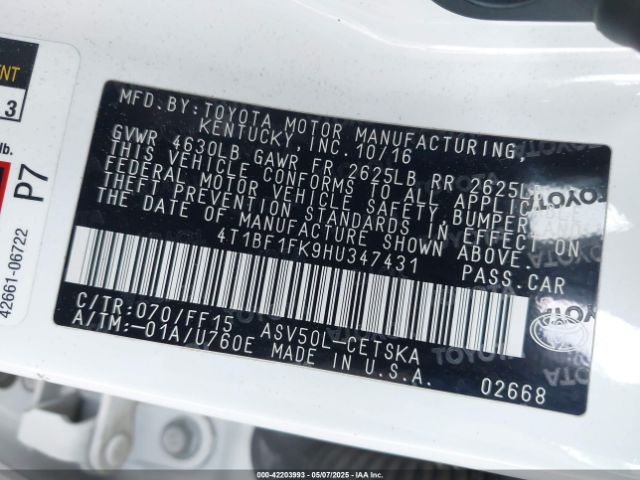 4T1BF1FK9HU347431 Toyota 2ar-fe