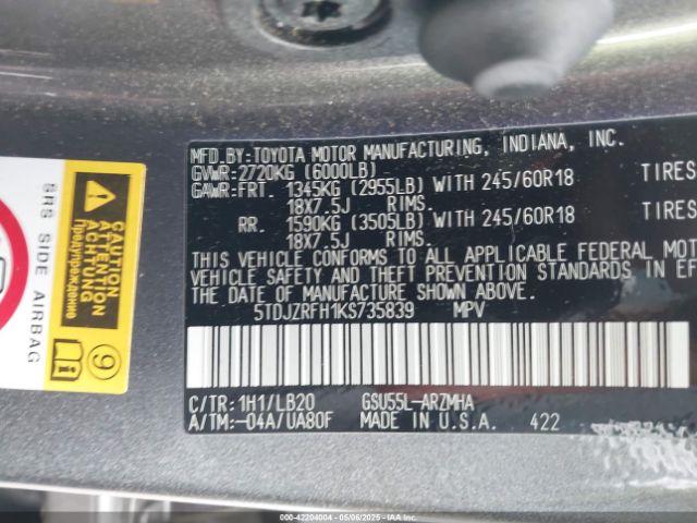 5TDJZRFH1KS735839 Toyota Highlander Xle