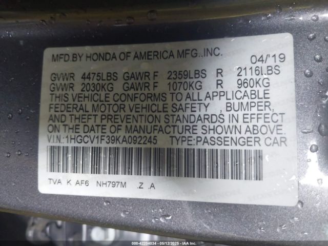 1HGCV1F39KA092245 Honda Accord Sport