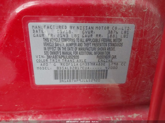 3N1AB7AP9JL652920 Nissan SENTRA SV