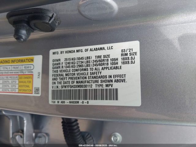 5FNYF5H3XMB030112 Honda Pilot 2wd Ex