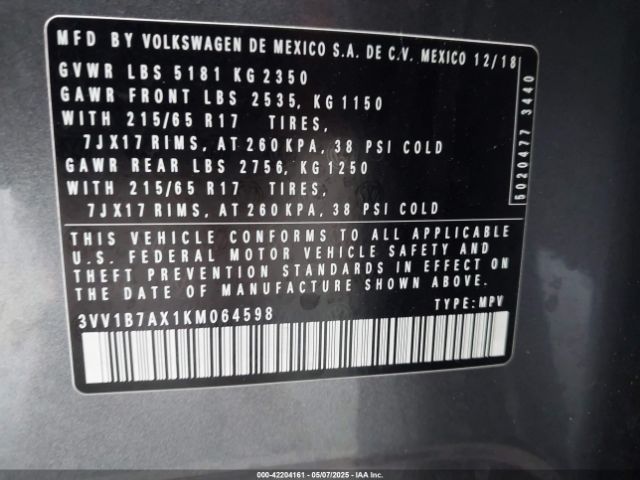 3VV1B7AX1KM064598 Volkswagen Tiguan 2.0t S
