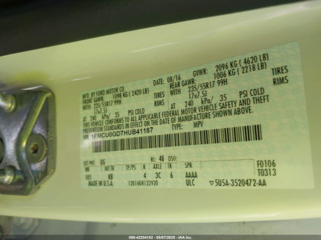1FMCU0GD7HUB41187 Ford ESCAPE SE