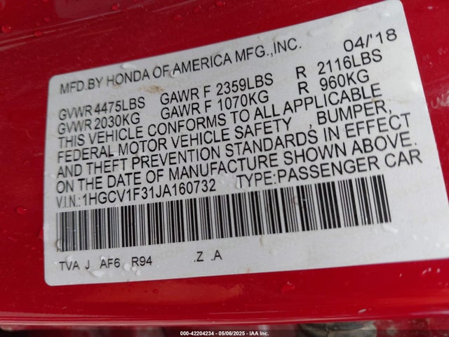 1HGCV1F31JA160732 Honda l15be