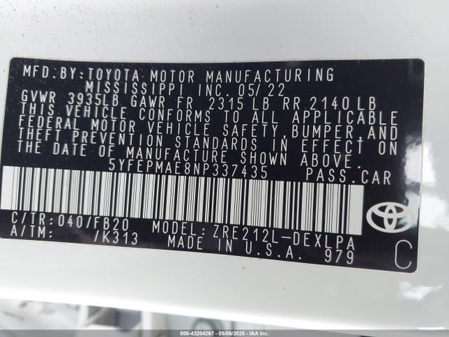 5YFEPMAE8NP337435 Toyota COROLLA LE