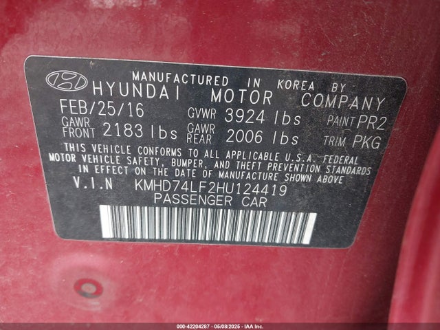 KMHD74LF2HU124419 Hyundai ELANTRA SE