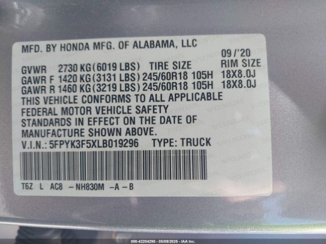5FPYK3F5XLB019296 Honda Ridgeline Awd Rtl
