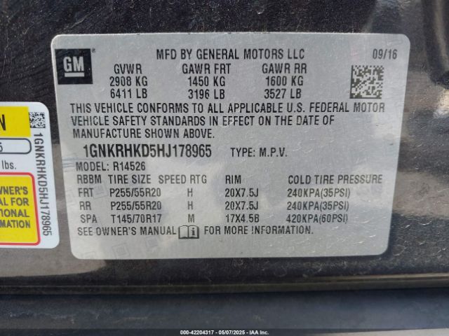 1GNKRHKD5HJ178965 Chevrolet Traverse 2lt