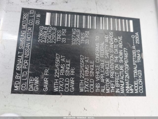 KNMAT2MT0GP674677 Nissan Rogue S/sl/sv