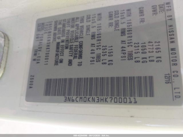 3N6CM0KN3HK700011 Nissan Nv200 S