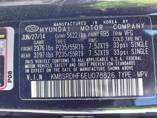 KM8SRDHF6EU078826 Hyundai Santa Fe Gls
