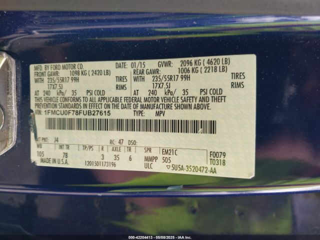 1FMCU0F78FUB27615 Ford ESCAPE S