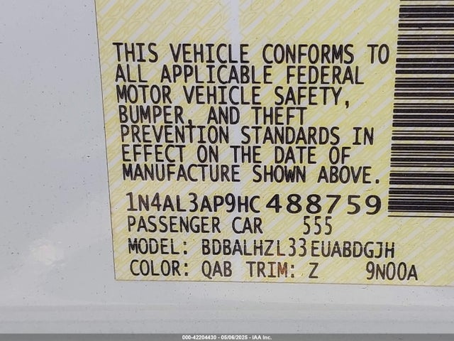 1N4AL3AP9HC488759 Nissan Altima 2.5 Sr