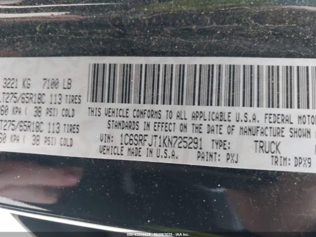 1C6SRFJT1KN725291 RAM 1500 Laramie  4x4 5'7 Box