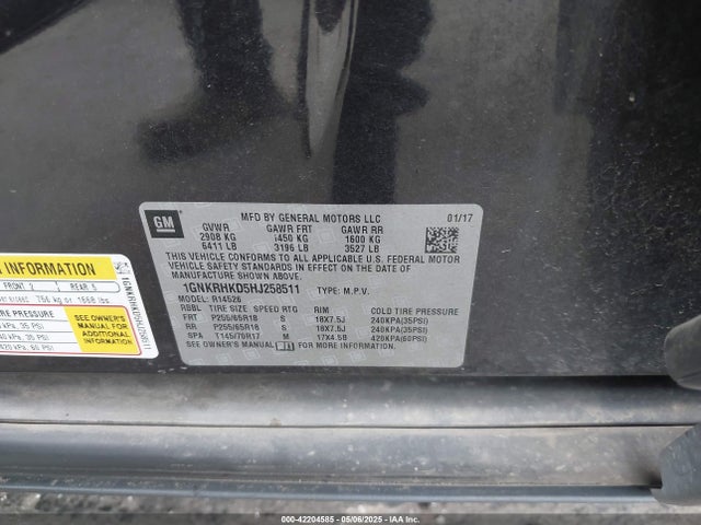 1GNKRHKD5HJ258511 Chevrolet llt - sidi: spark ignited direct injection, alum, 60 degrees