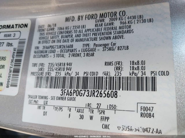 3FA6P0G73JR265608 Ford FUSION S