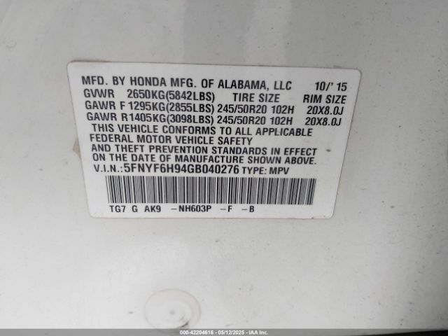5FNYF6H94GB040276 Honda Pilot Touring